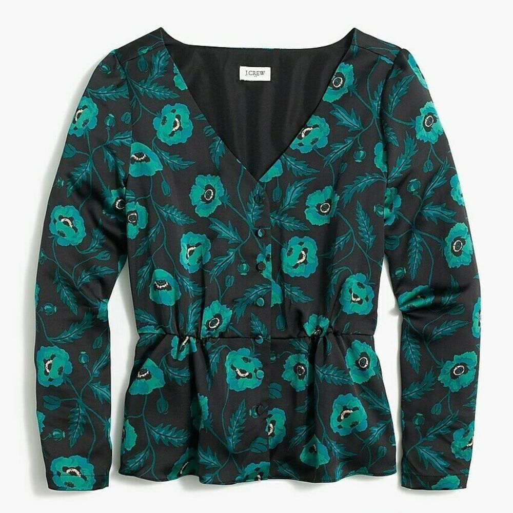 New J. Crew Peplum Blouse Women Sz 8 Black Green Poppy Satin Crepe Long Sleeve